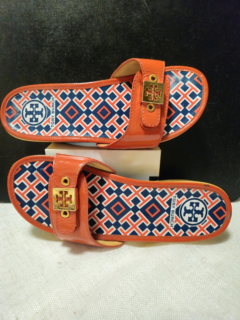 Tory Burch Vintage Orange Patent Leather Wooden Platform Clogs Slide Sandals 6.5 - Picture 13 of 16